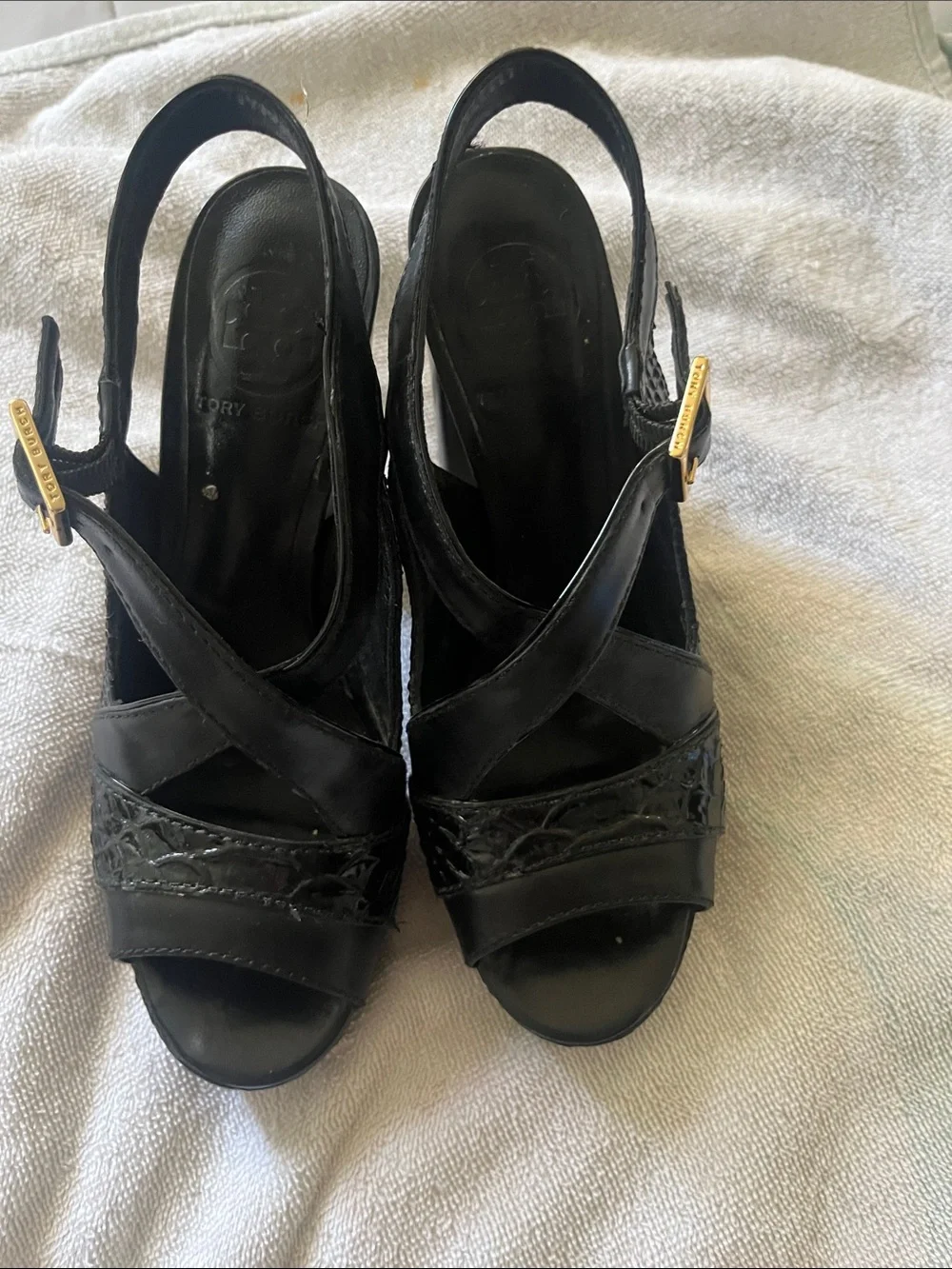 Tory Burch Black Leather Crisscross Slingback Heels with Gold Buckles